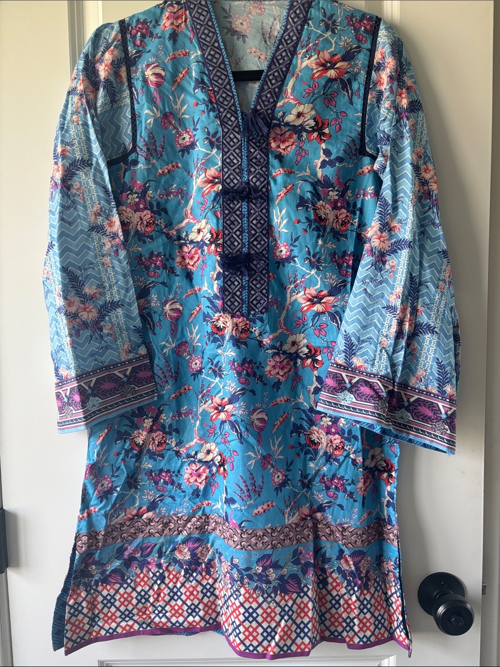 Blue Floral Tunic Top with Embroidered Trim